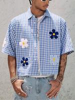 Men's Floral Embroidery Short Sleeve Shirt, Regular Fit Casual Street Retro Gingham Graphic Button Front Top for Summer, Men'...