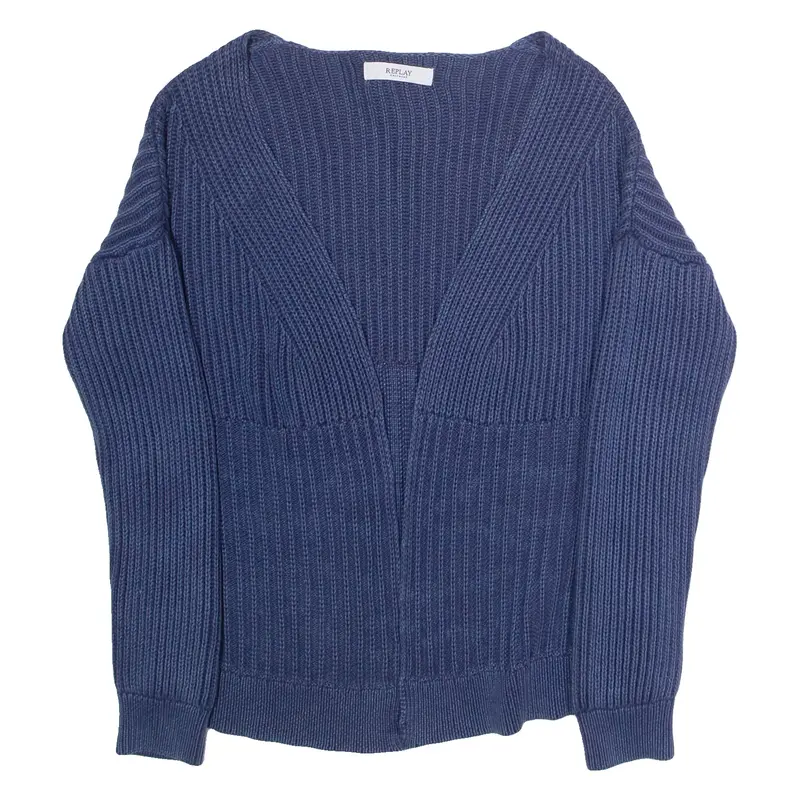 REPLAY Mens Cardigan Blue V-Neck Chunky Knit M