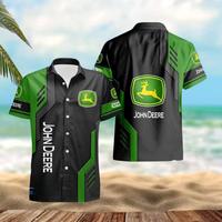 John Deere Black Logo Hawaiian Shirt Casual Tropical Short Sleeve Button Down Shirt Top Menswear