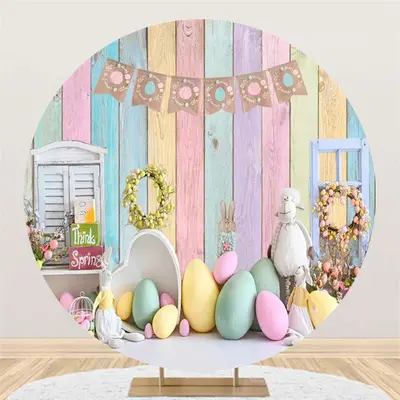 Colorful Wooden Wall Spring Round Easter Backdrop - Aperturee