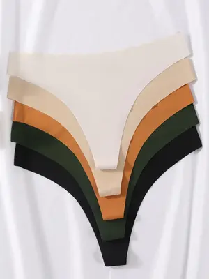 Women's Solid & Leopard Print Scallop Trim Thong, Breathable Comfortable Panty for Daily Wear, Ladies Underwear for All Seaso...