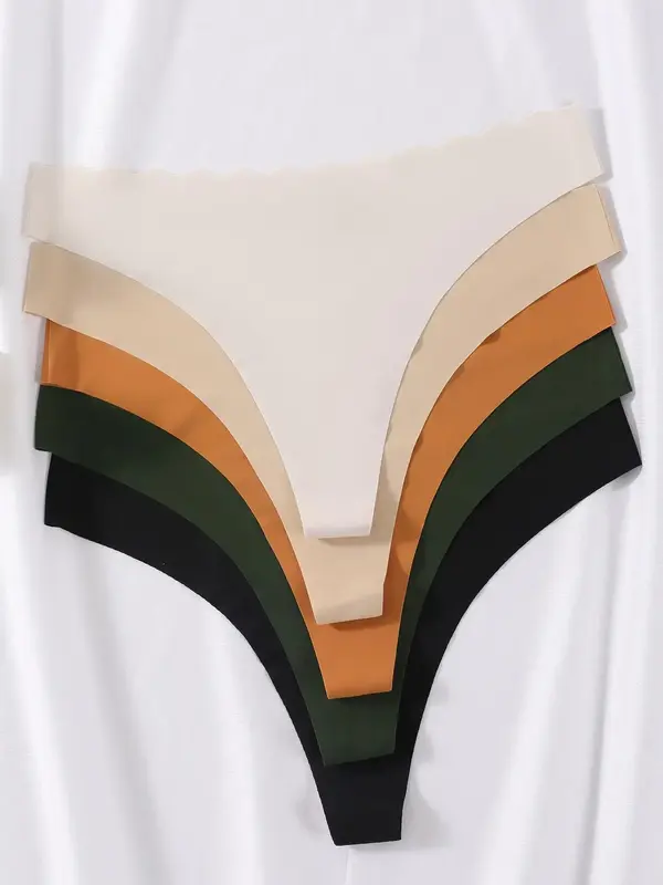 Women's Solid & Leopard Print Scallop Trim Thong, Breathable Comfortable Panty for Daily Wear, Ladies Underwear for All Seaso...