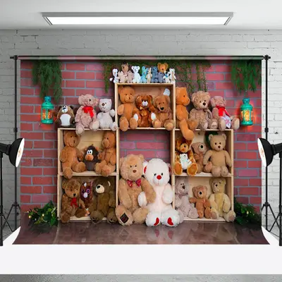 Brick Wall Various Teddy Bears Cake Smash Backdrop - Aperturee
