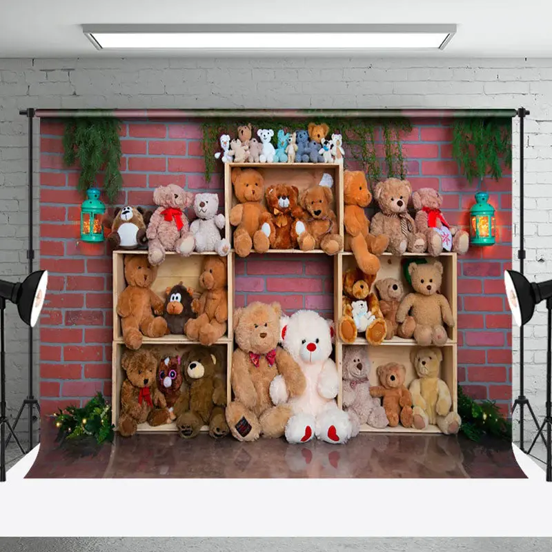 Brick Wall Various Teddy Bears Cake Smash Backdrop - Aperturee