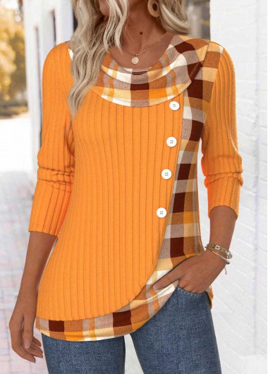 Modlily Neon Orange Tummy Coverage Plaid Long Sleeve T Shirt - M