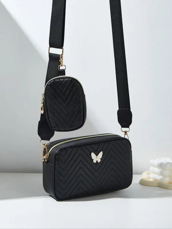 Women's Butterfly Decorated Crossbody Bag Set, Casual Adjustable Shoulder Bag & Small Wallet Bag for Daily Used, Versatile Hi...