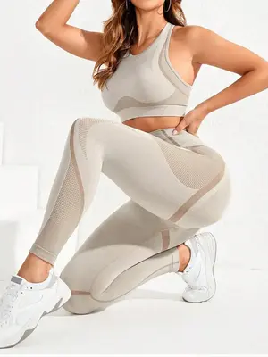Women's Round Neck Crop Tank Top & High Waist Leggings Tracksuit Set, Sporty Breathable Comfortable Outfits for Yoga Gym Work...