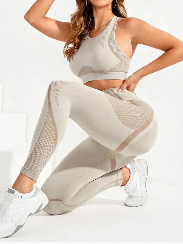 Women's Round Neck Crop Tank Top & High Waist Leggings Tracksuit Set, Sporty Breathable Comfortable Outfits for Yoga Gym Work...