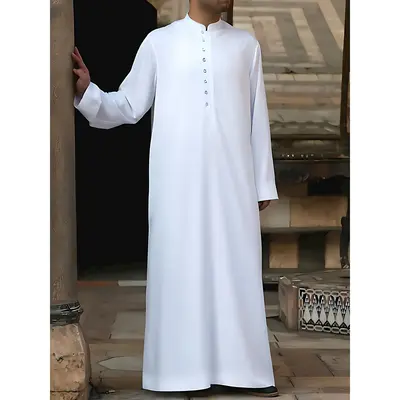 2024Authentic Arabic Kandora for Men - Long Sleeve, Solid Color, Band Collar, Vintage Casual Dubai Jubba Thobe for Eid Al-Adh...