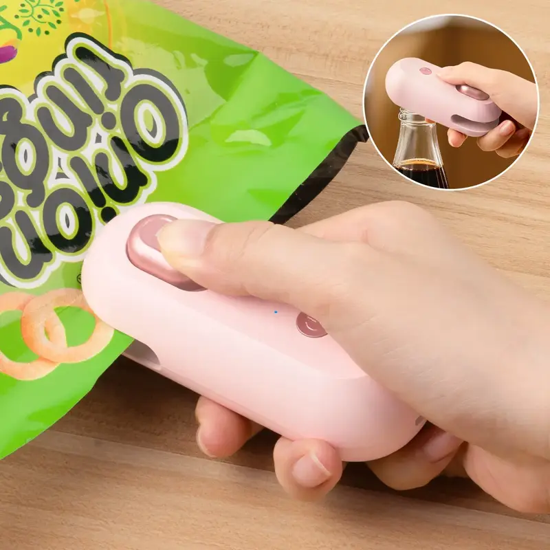 IMOLI New 4 in 1 Mini Sealing Machine Snack Bag , Portable Beer Bottle Opener & Built-In Cutter, USB Rechargeable Plastic Hea...