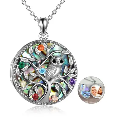 Sterling Silver Round Cut Cubic Zirconia Owl & Tree Of Life & Personalized Photo Locket Necklace with Engraved Word