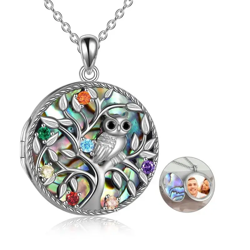 Sterling Silver Round Cut Cubic Zirconia Owl & Tree Of Life & Personalized Photo Locket Necklace with Engraved Word