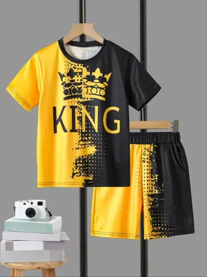Two-Piece Set Boy's Crown & Letter Print Short Sleeve Tee & Elastic Waist Shorts, Casual Summer Outfits Clothes for Kids, Kid...