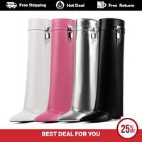 Fold Over Knee High Boots for Women Wedge Heel Padlock Boot Almond Toe Leather Shark Boots Wide Calf Comfort Pull-on Fashion ...