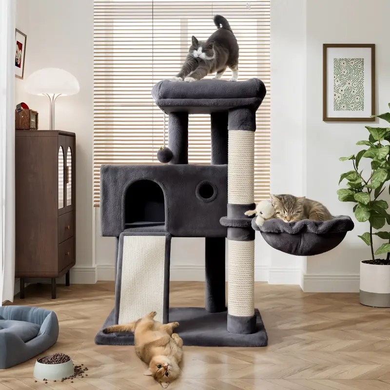 PurrFest Cat Tree 36In/80In Cat Tower with Cat Hammock, Sisal Scratching Post for Indoor Cats, Small Room