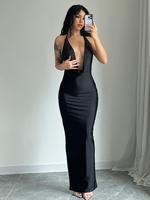 Women's Solid Backless Draped Tie Back Satin Dress, Slim Fit Fashion Halter Neck Sleeveless Long Bodycon Smooth Dress for Eve...