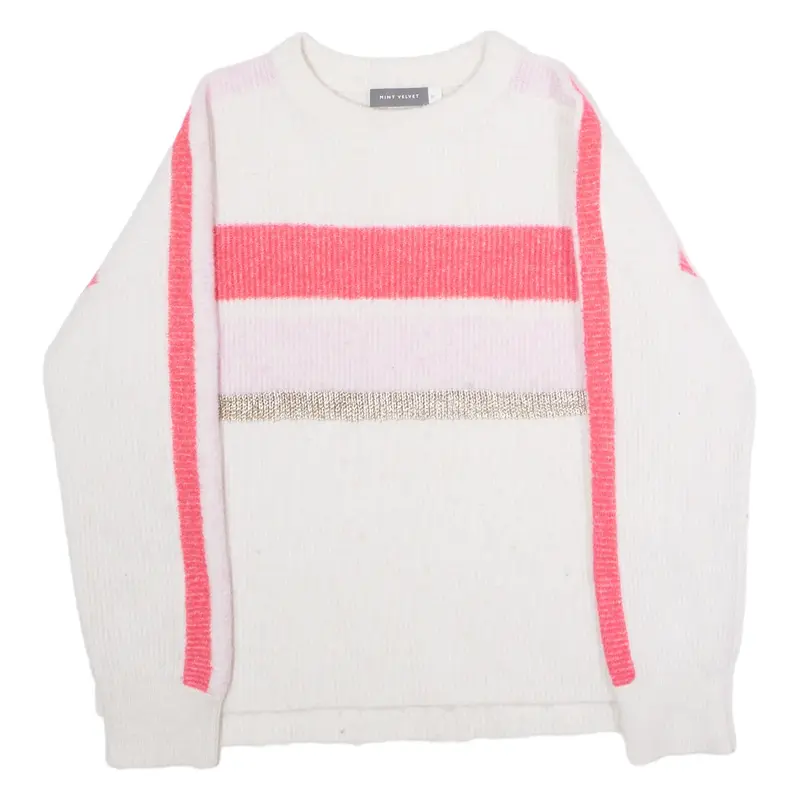 MINT VELVET Womens Patterned Jumper White Crew Neck Tight Knit Wool M