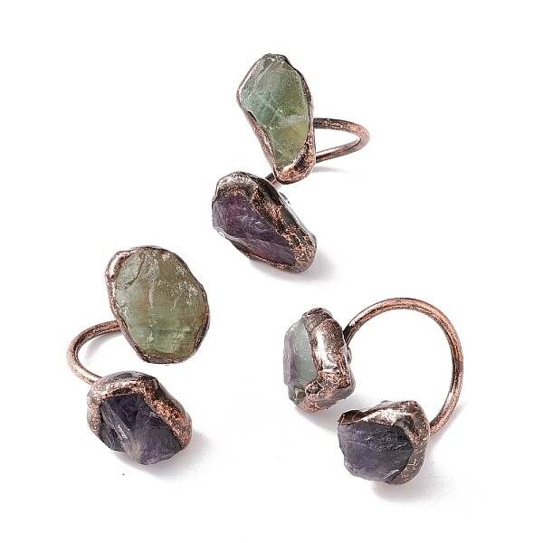 Natural Fluorite & Amethyst Irregular Nugget Open Cuff Ring