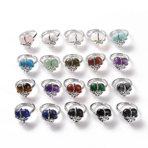 Gemstone Heart with Bowknot Adjustable Ring