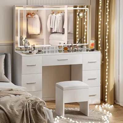Makeup Vanity Desk with Lights & Power Outlet, Glass Top Vanity Set with Mirror, 7 Drawers & Stool, White