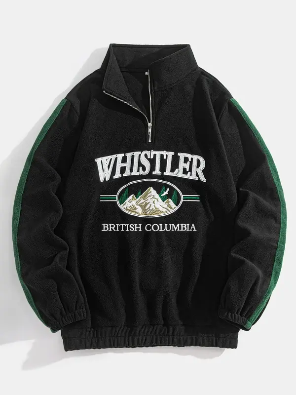 Men's Landscape Embroidery Half Zip Drop Shoulder Fleece Sweatshirt, Loose Casual Long Sleeve Funnel Neck Pullover for Fall...