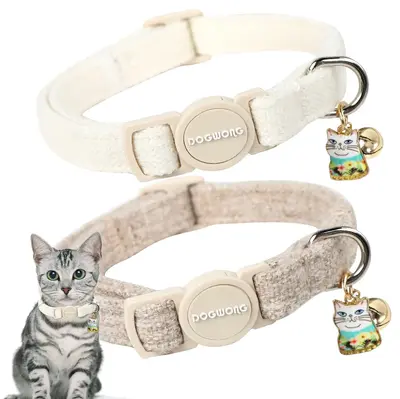 Cat Collar, 2 Pack White Hemp Breakaway Collars with Bell, DOGWONG Safety Buckle, Adjustable 7-12, Wedding Collar for Cats ...