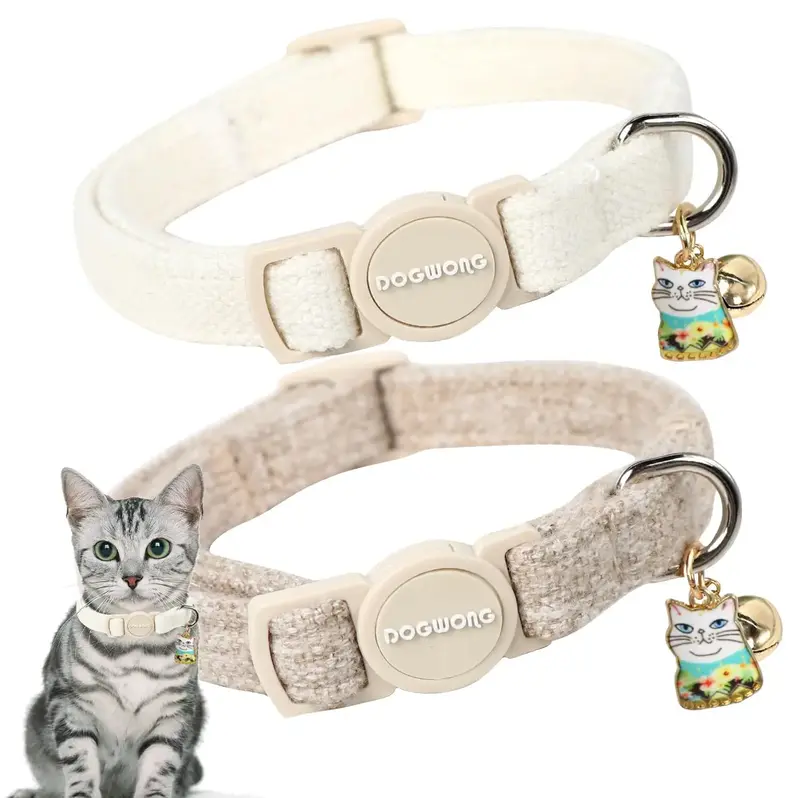 Cat Collar, 2 Pack White Hemp Breakaway Collars with Bell, DOGWONG Safety Buckle, Adjustable 7-12, Wedding Collar for Cats ...