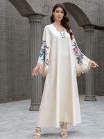 Women's Floral Pattern Contrast Sequin Fringe Trim Longsleeves Vneck Dress, Modest Elegant V Neck Long Sleeve Dress for Party...