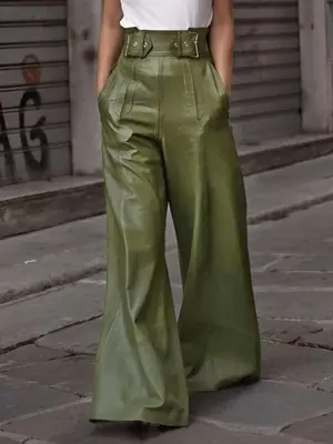 Women's Solid Color Pocket High Waist Wide Leg PU Leather Pants, Fashion Casual Trousers for Daily Outdoor Wear, Ladies Botto...