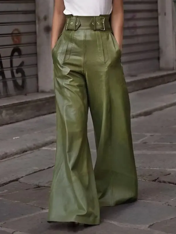 Women's Solid Color Pocket High Waist Wide Leg PU Leather Pants, Fashion Casual Trousers for Daily Outdoor Wear, Ladies Botto...