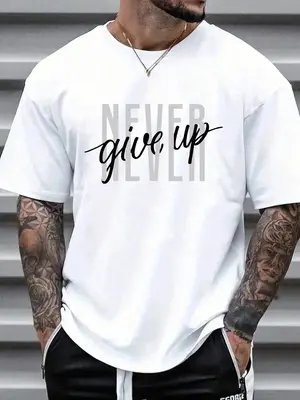 Men's Loose Letter Print Round Neck Drop Shoulder Tee, Casual Short Sleeve Crew Neck T-shirt for Summer, Fashion Men's Top fo...