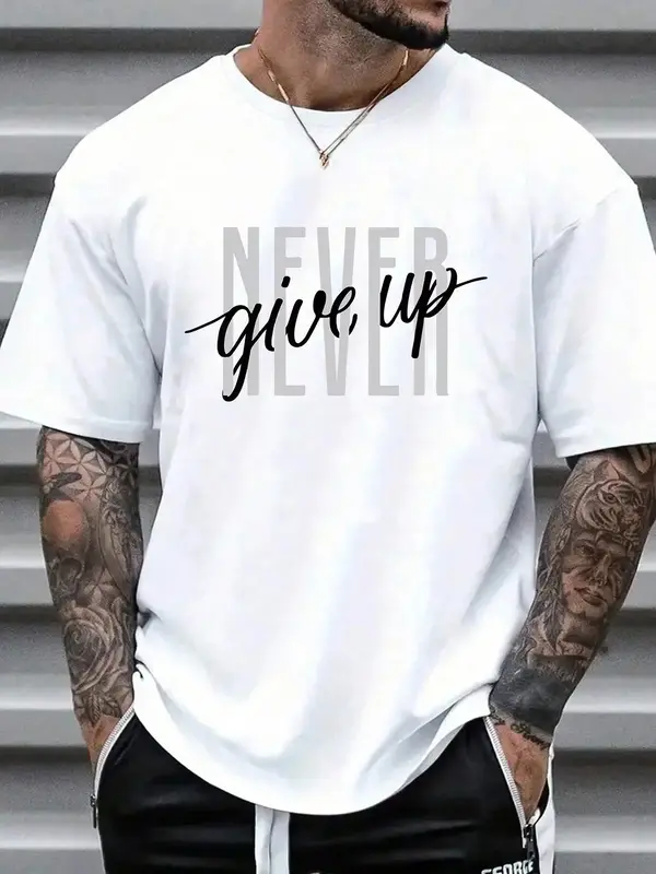 Men's Loose Letter Print Round Neck Drop Shoulder Tee, Casual Short Sleeve Crew Neck T-shirt for Summer, Fashion Men's Top fo...