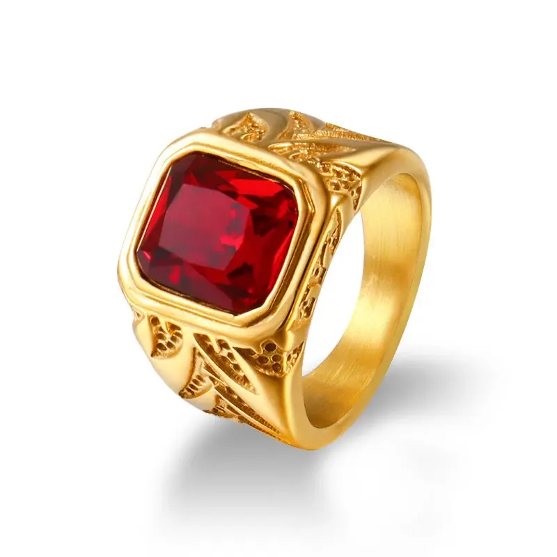 Gold Plated Princess Cut Large Center Stone Ruby Ring for Men