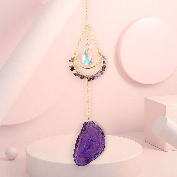 Natural Amethyst Chip Wrapped Moon Hanging Ornaments