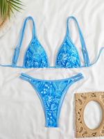 Two-Piece Set Women's Plants Print Bikini Set, Casual Adjustable Strap Tie Back Swim Bra & Swim Panty, Ladies Swimsuit for Be...