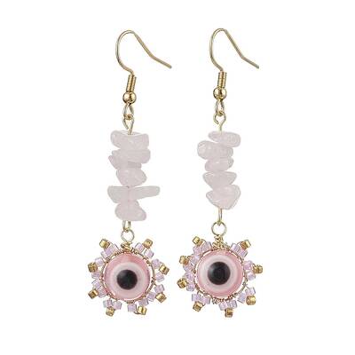 Evil Eye Natural Rose Quartz Chip & Seed Beads Dangle Earrings
