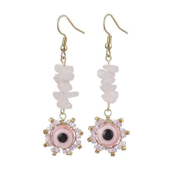 Evil Eye Natural Rose Quartz Chip & Seed Beads Dangle Earrings