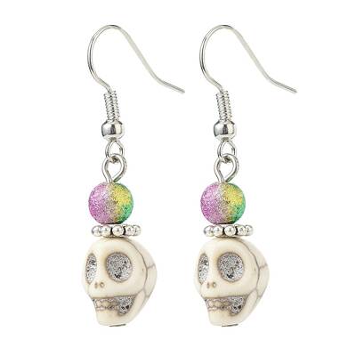 Synthetic Magnesite Skull with Acrylic Beaded Dangle Earrings