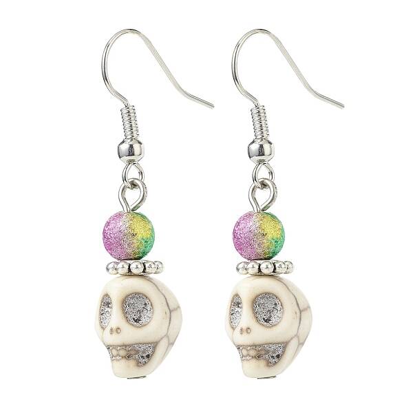 Synthetic Magnesite Skull with Acrylic Beaded Dangle Earrings