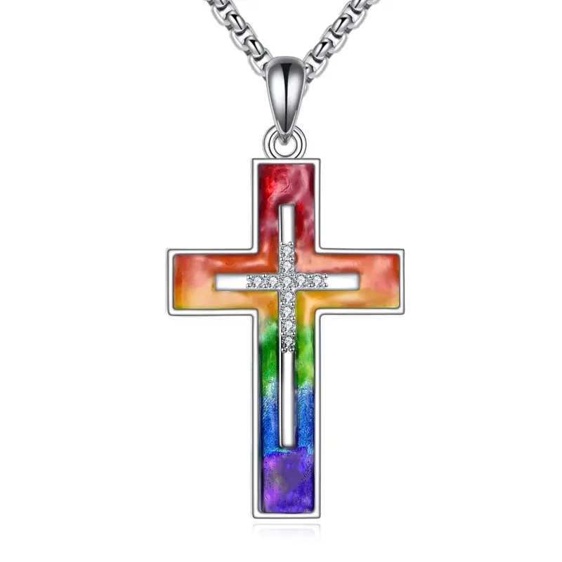 Sterling Silver Cubic Zirconia Cross & Rainbow Pendant Necklace