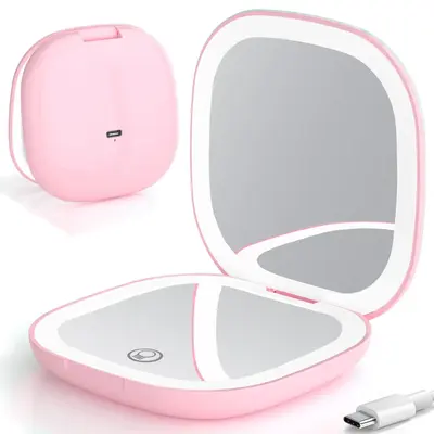 LED Compact Makeup Mirror, 4 Inches 1X/10X Magnification Travel Mirror with Light Dimmable Double Sides Lighted USB Rechargea...