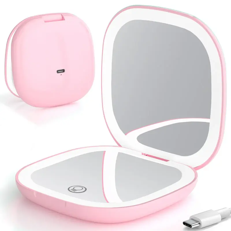LED Compact Makeup Mirror, 4 Inches 1X/10X Magnification Travel Mirror with Light Dimmable Double Sides Lighted USB Rechargea...