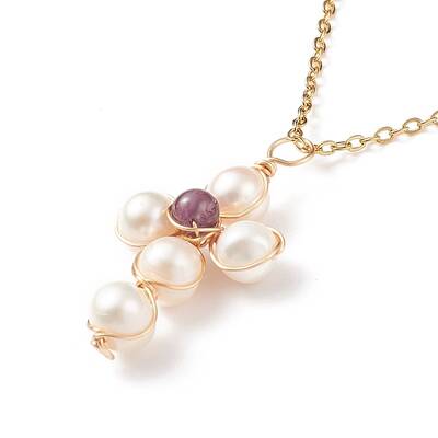 Natural Amethyst & Pearl Braided Cross Pendant Necklace