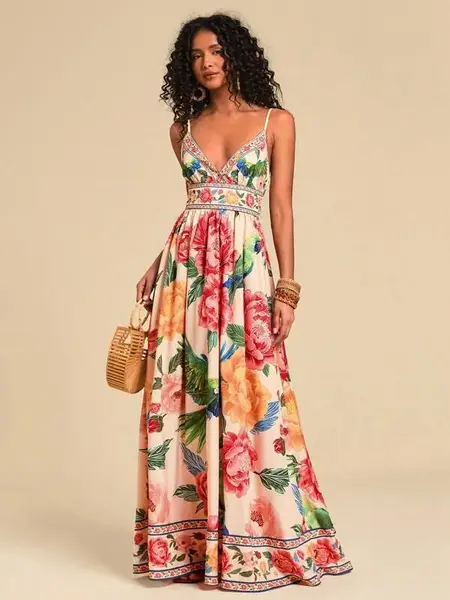 Women's V-Neck Maxi Woven Dress With Floral Print, For Spring/Summer Resort,Summer Outfits For Women,Beachwear