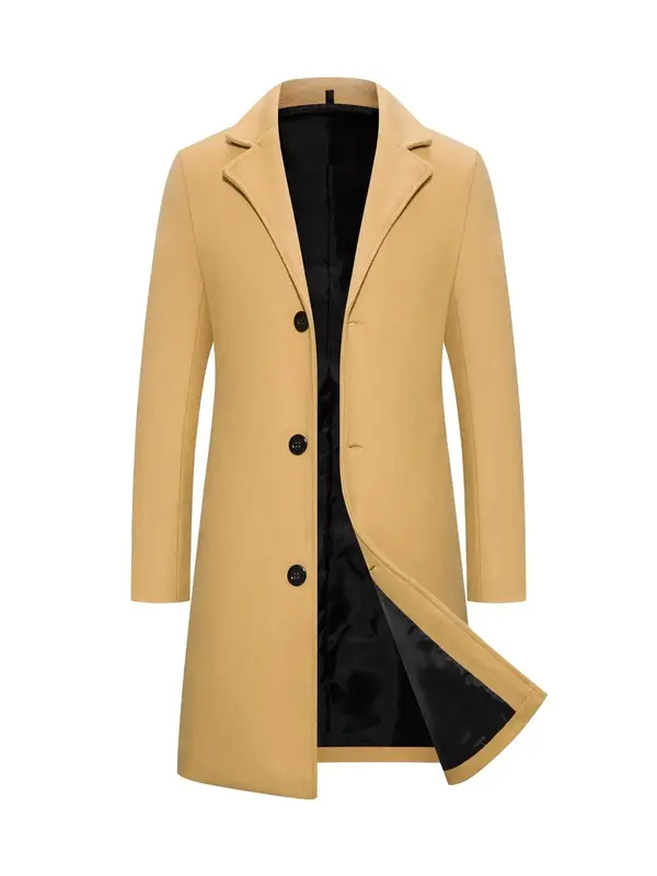 Men's Solid Button Front Lapel Neck Midi Coat, Regular Fit Casual Long Sleeve Outerwear for Fall & Winter, Men's Clothes for ...