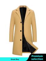 Men's Solid Button Front Lapel Neck Midi Coat, Regular Fit Casual Classic Longsleeves Outerwear for Fall & Winter, Mens Cloth...