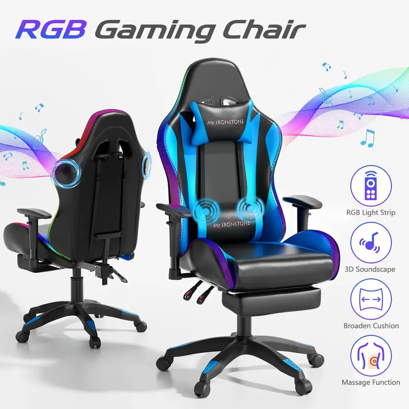 【dealsforyoudays】Mr IRONSTONE Gaming Chair with Speakers and Led Lights Ergonomic Massage Computer Gaming Chair with Broa...