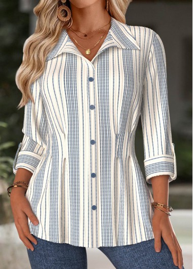 Modlily Beige Tummy Control Striped Long Sleeve Blouse - M
