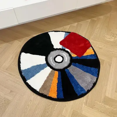 CD Pattern Round Shaped Indoor Carpet, 1 Count Plush Decorative Door Mat, Anti-slip Floor Rug Pad for Baby Room Living Room B...
