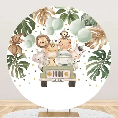 Balloon Animals Car Leaves Round Baby Shower Backdrop - Aperturee